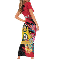 Personalised First Empire of Haiti Family Matching Short Sleeve Bodycon Dress and Hawaiian Shirt Haitian Coat Of Arms 1804-1806 Tropical Flowers