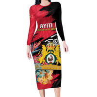 Personalised First Empire of Haiti Long Sleeve Bodycon Dress Haitian Coat Of Arms 1804-1806 Tropical Flowers