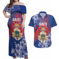 Personalised Second Empire of Haiti Couples Matching Off Shoulder Maxi Dress and Hawaiian Shirt Imperial Coat Of Arms 1849-1859 Tropical Flowers