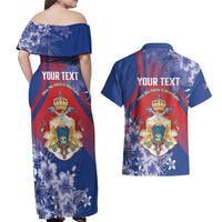 Personalised Second Empire of Haiti Couples Matching Off Shoulder Maxi Dress and Hawaiian Shirt Imperial Coat Of Arms 1849-1859 Tropical Flowers
