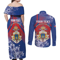 Personalised Second Empire of Haiti Couples Matching Off Shoulder Maxi Dress and Long Sleeve Button Shirt Imperial Coat Of Arms 1849-1859 Tropical Flowers