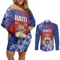 Personalised Second Empire of Haiti Couples Matching Off Shoulder Short Dress and Long Sleeve Button Shirt Imperial Coat Of Arms 1849-1859 Tropical Flowers