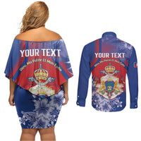 Personalised Second Empire of Haiti Couples Matching Off Shoulder Short Dress and Long Sleeve Button Shirt Imperial Coat Of Arms 1849-1859 Tropical Flowers
