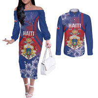 Personalised Second Empire of Haiti Couples Matching Off The Shoulder Long Sleeve Dress and Long Sleeve Button Shirt Imperial Coat Of Arms 1849-1859 Tropical Flowers
