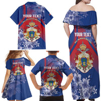 Personalised Second Empire of Haiti Family Matching Off Shoulder Maxi Dress and Hawaiian Shirt Imperial Coat Of Arms 1849-1859 Tropical Flowers