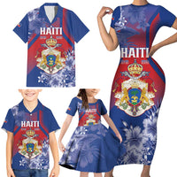 Personalised Second Empire of Haiti Family Matching Short Sleeve Bodycon Dress and Hawaiian Shirt Imperial Coat Of Arms 1849-1859 Tropical Flowers