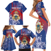 Personalised Second Empire of Haiti Family Matching Short Sleeve Bodycon Dress and Hawaiian Shirt Imperial Coat Of Arms 1849-1859 Tropical Flowers