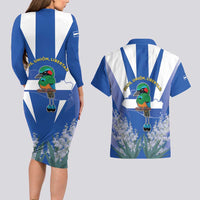 El Salvador Couples Matching Long Sleeve Bodycon Dress and Hawaiian Shirt Turquoise-Browed Motmot With Coat Of Arms - Wonder Print Shop