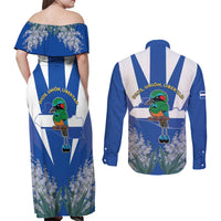 El Salvador Couples Matching Off Shoulder Maxi Dress and Long Sleeve Button Shirt Turquoise-Browed Motmot With Coat Of Arms - Wonder Print Shop