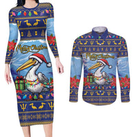 Barbados Christmas Couples Matching Long Sleeve Bodycon Dress and Long Sleeve Button Shirt Pelican With Poinsettia - Wonder Print Shop