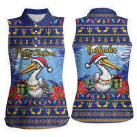 Barbados Christmas Women Sleeveless Polo Shirt Pelican With Poinsettia - Wonder Print Shop