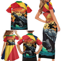 Personalised Seychelles Aldabra Giant Tortoise Family Matching Short Sleeve Bodycon Dress and Hawaiian Shirt Beach Sunset - Wonder Print Shop