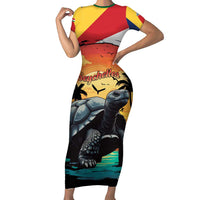 Personalised Seychelles Aldabra Giant Tortoise Family Matching Short Sleeve Bodycon Dress and Hawaiian Shirt Beach Sunset - Wonder Print Shop