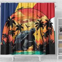 Personalised Seychelles Aldabra Giant Tortoise Shower Curtain Beach Sunset