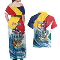 Personalised Seychelles Sailfish Couples Matching Off Shoulder Maxi Dress and Hawaiian Shirt With Coat Of Arms - Wonder Print Shop
