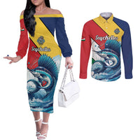 Personalised Seychelle Sailfish Couples Matching Off The Shoulder Long Sleeve Dress and Long Sleeve Button Shirt With Coat Of Arms