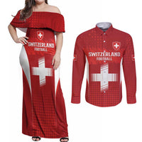 Custom Switzerland Football 2026 Couples Matching Off Shoulder Maxi Dress and Long Sleeve Button Shirt Hopp Schwiiz - Wonder Print Shop