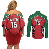 Custom Kenya Rugby Couples Matching Off Shoulder Short Dress and Long Sleeve Button Shirt Lion Mascot African Pattern
