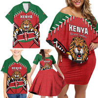 Custom Kenya Rugby Family Matching Off Shoulder Short Dress and Hawaiian Shirt Lion Mascot African Pattern
