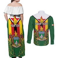 Personalised Zimbabwe Independence Day Couples Matching Off Shoulder Maxi Dress and Long Sleeve Button Shirt Gloriosa Flower - Flag Style