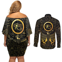 Ancient Egyptian Couples Matching Off Shoulder Short Dress and Long Sleeve Button Shirt Horus Falcon God