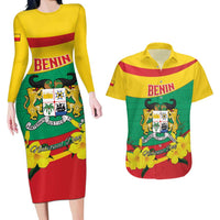 Personalised Benin National Day Couples Matching Long Sleeve Bodycon Dress and Hawaiian Shirt Coat Of Arms Yellow Allamanda