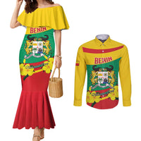 Personalised Benin National Day Couples Matching Mermaid Dress and Long Sleeve Button Shirt Coat Of Arms Yellow Allamanda