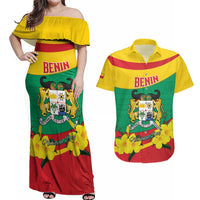 Personalised Benin National Day Couples Matching Off Shoulder Maxi Dress and Hawaiian Shirt Coat Of Arms Yellow Allamanda