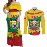 Personalised Benin National Day Couples Matching Off Shoulder Maxi Dress and Long Sleeve Button Shirt Coat Of Arms Yellow Allamanda