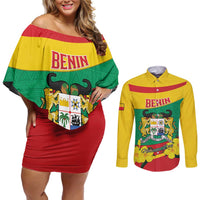 Personalised Benin National Day Couples Matching Off Shoulder Short Dress and Long Sleeve Button Shirt Coat Of Arms Yellow Allamanda