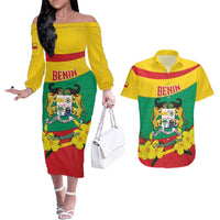 Personalised Benin National Day Couples Matching Off The Shoulder Long Sleeve Dress and Hawaiian Shirt Coat Of Arms Yellow Allamanda