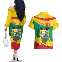 Personalised Benin National Day Couples Matching Off The Shoulder Long Sleeve Dress and Hawaiian Shirt Coat Of Arms Yellow Allamanda