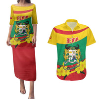 Personalised Benin National Day Couples Matching Puletasi and Hawaiian Shirt Coat Of Arms Yellow Allamanda