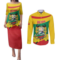 Personalised Benin National Day Couples Matching Puletasi and Long Sleeve Button Shirt Coat Of Arms Yellow Allamanda