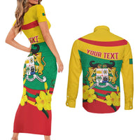 Personalised Benin National Day Couples Matching Short Sleeve Bodycon Dress and Long Sleeve Button Shirt Coat Of Arms Yellow Allamanda