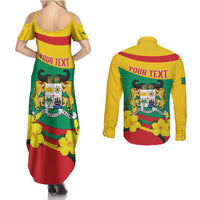 Personalised Benin National Day Couples Matching Summer Maxi Dress and Long Sleeve Button Shirt Coat Of Arms Yellow Allamanda
