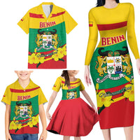 Personalised Benin National Day Family Matching Long Sleeve Bodycon Dress and Hawaiian Shirt Coat Of Arms Yellow Allamanda