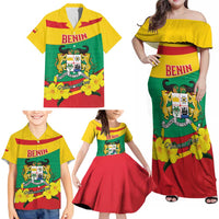 Personalised Benin National Day Family Matching Off Shoulder Maxi Dress and Hawaiian Shirt Coat Of Arms Yellow Allamanda