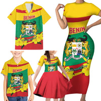 Personalised Benin National Day Family Matching Short Sleeve Bodycon Dress and Hawaiian Shirt Coat Of Arms Yellow Allamanda