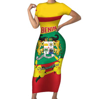 Personalised Benin National Day Family Matching Short Sleeve Bodycon Dress and Hawaiian Shirt Coat Of Arms Yellow Allamanda