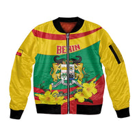 Personalised Benin National Day Sleeve Zip Bomber Jacket Coat Of Arms Yellow Allamanda