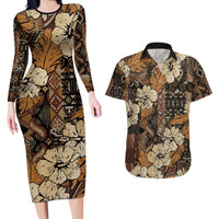 Hibiscus Mix African Pattern Couples Matching Long Sleeve Bodycon Dress and Hawaiian Shirt - Wonder Print Shop