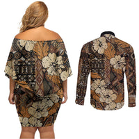 Hibiscus Mix African Pattern Couples Matching Off Shoulder Short Dress and Long Sleeve Button Shirt - Wonder Print Shop