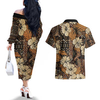 Hibiscus Mix African Pattern Couples Matching Off The Shoulder Long Sleeve Dress and Hawaiian Shirt - Wonder Print Shop