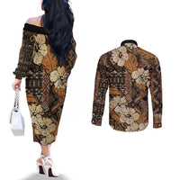 Hibiscus Mix African Pattern Couples Matching Off The Shoulder Long Sleeve Dress and Long Sleeve Button Shirt - Wonder Print Shop