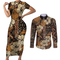 Hibiscus Mix African Pattern Couples Matching Short Sleeve Bodycon Dress and Long Sleeve Button Shirt - Wonder Print Shop