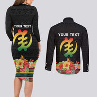 Personalized Hibiscus Mix Dashiki African Pattern Couples Matching Long Sleeve Bodycon Dress and Long Sleeve Button Shirt Adinkra Symbol - Wonder Print Shop