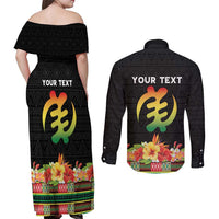 Personalized Hibiscus Mix Dashiki African Pattern Couples Matching Off Shoulder Maxi Dress and Long Sleeve Button Shirt Adinkra Symbol - Wonder Print Shop