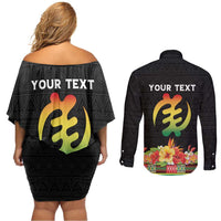 Personalized Hibiscus Mix Dashiki African Pattern Couples Matching Off Shoulder Short Dress and Long Sleeve Button Shirt Adinkra Symbol - Wonder Print Shop