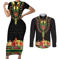 Personalized Hibiscus Mix Dashiki African Pattern Couples Matching Short Sleeve Bodycon Dress and Long Sleeve Button Shirt Adinkra Symbol - Wonder Print Shop